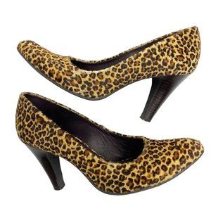 J Vincent Calf Hair Pumps Size 7.5 Leopard Print Pointy Toe High Heels Leather
